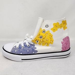 New Floral Canvas High Tops Lace Up  Sneakers White Floral Print Womens Size 8